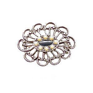 Vintage Filigree Oval Brooch with Seed Pearl and Black Enamel Center